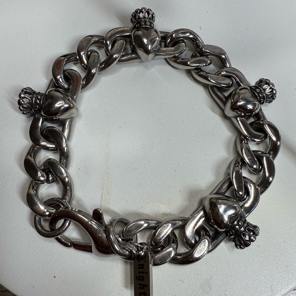 Chunky stainless steel Silver Bracelet with Heart and Crown Charms